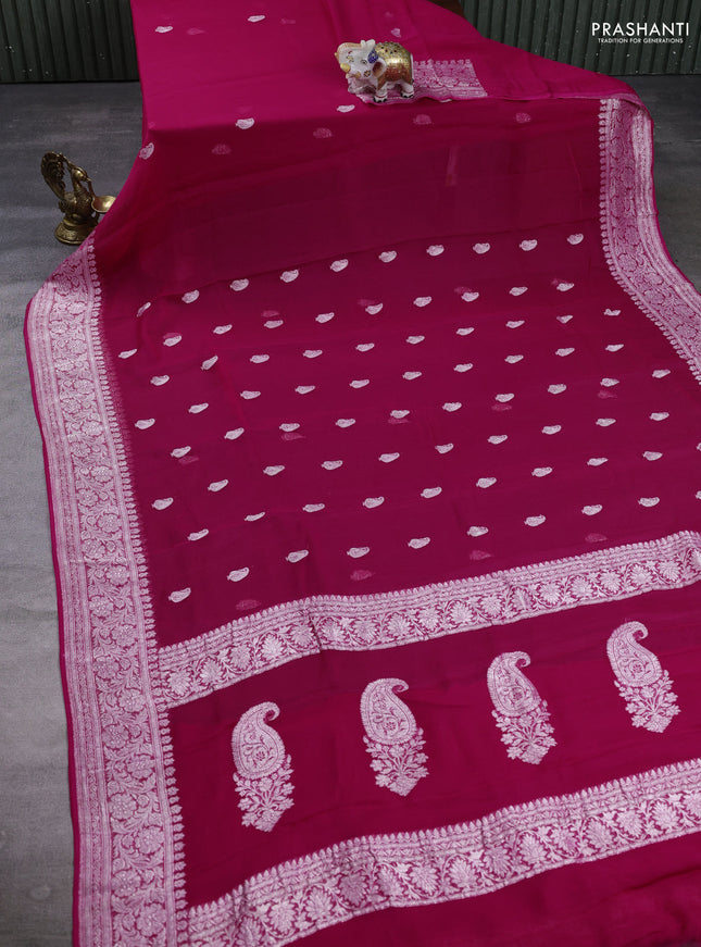 Banarasi Chiffon Saree pink with silver zari woven buttas and silver zari woven floral border