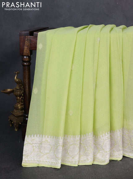 Banarasi Chiffon Saree pista green with silver zari woven buttas and silver zari woven floral border