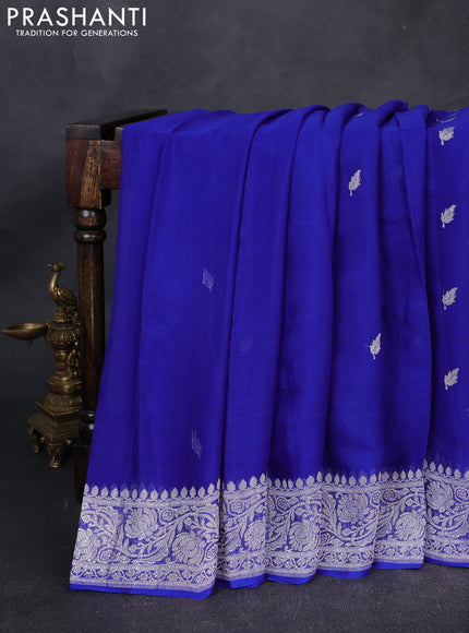 Banarasi Chiffon Saree royal blue with silver zari woven buttas and silver zari woven floral border