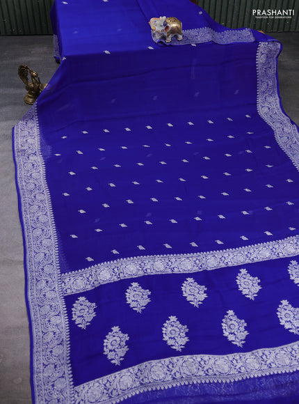 Banarasi Chiffon Saree royal blue with silver zari woven buttas and silver zari woven floral border