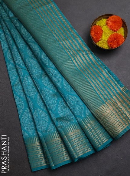 Semi Raw Silk Saree teal blue with allover butta prints and zari woven border