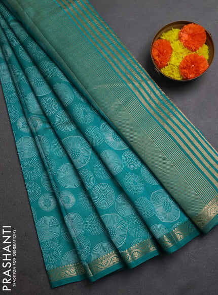 Semi Raw Silk Saree teal green with allover butta prints and zari woven border