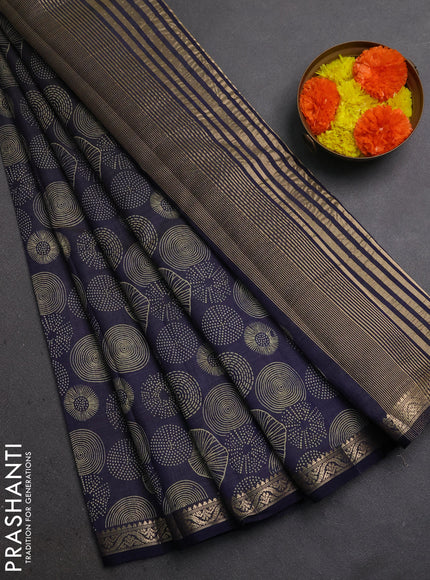 Semi Raw Silk Saree navy blue with allover butta prints and zari woven border