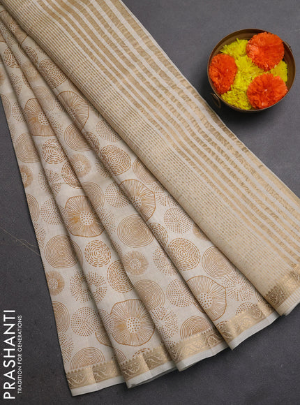 Semi Raw Silk Saree off white with allover prints and zari woven border