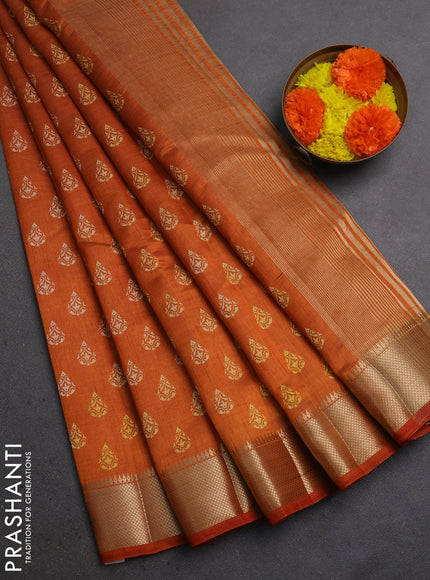 Semi Raw Silk Saree rust shade with allover butta prints and zari woven border