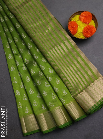 Semi Raw Silk Saree light green with allover butta prints and zari woven border