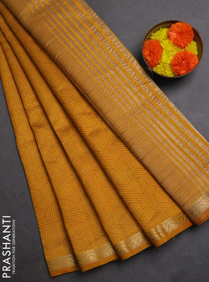 Semi Raw Silk Saree dark mustard with allover geometric prints and zari woven border