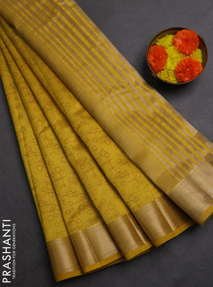 Semi Raw Silk Saree mustard yellow with allover geometric prints and zari woven border