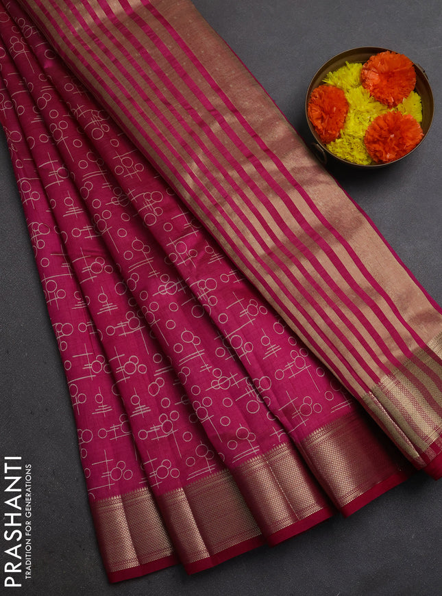 Semi Raw Silk Saree pink with allover geometric prints and zari woven border