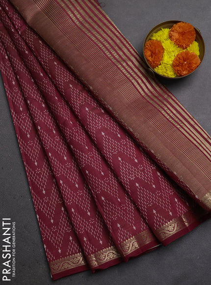 Semi Raw Silk Saree maroon with allover zig zag prints and zari woven border
