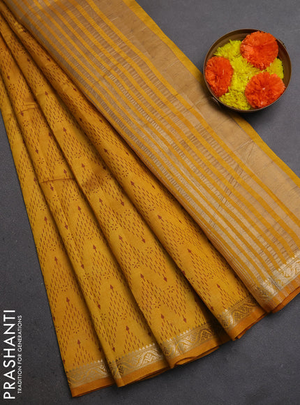 Semi Raw Silk Saree dark mustard with allover zig zag prints and zari woven border