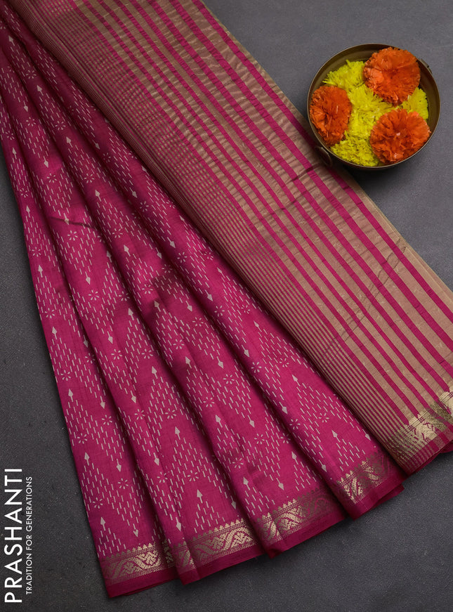 Semi Raw Silk Saree pink with allover zig zag prints and zari woven border