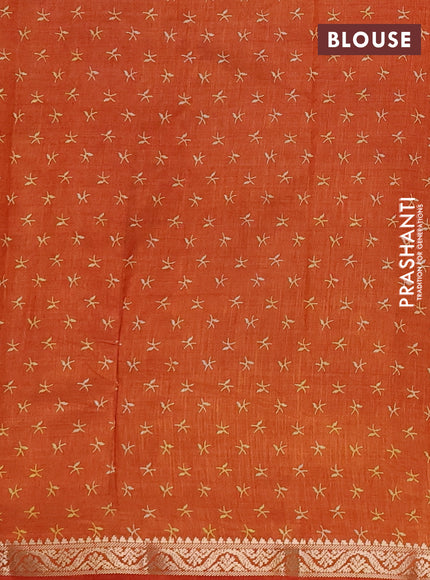 Semi Raw Silk Saree rust shade with allover zig zag prints and zari woven border