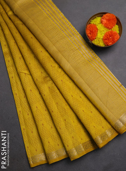 Semi Raw Silk Saree yellow with allover zig zag prints and zari woven border
