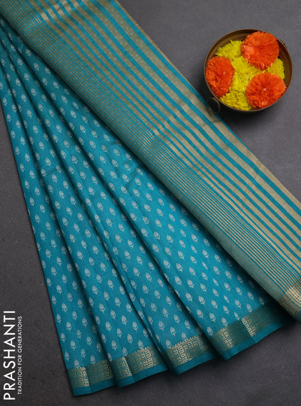 Semi Raw Silk Saree teal green with allover butta prints and zari woven border