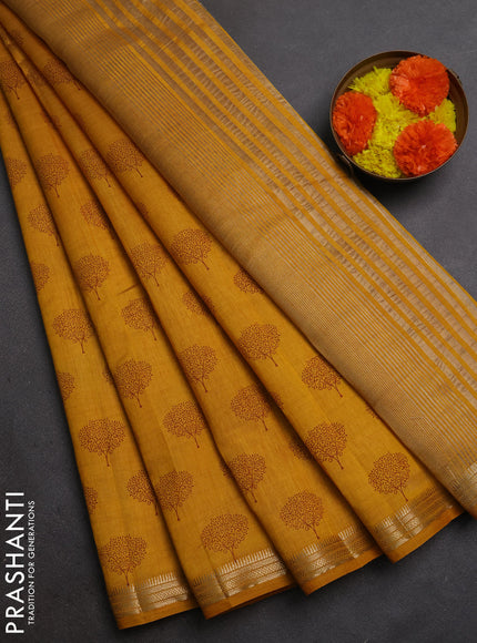 Semi Raw Silk Saree dark mustard with allover butta prints and zari woven border