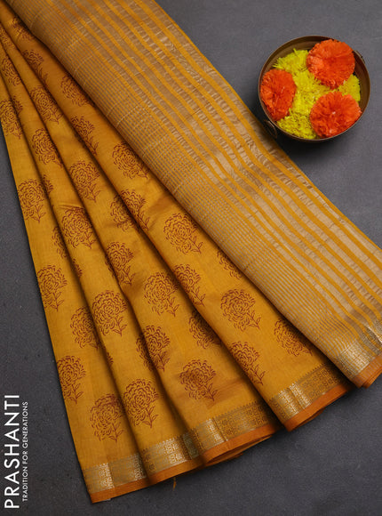 Semi Raw Silk Saree dark mustard with allover butta prints and zari woven border