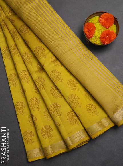 Semi Raw Silk Saree mustard yellow with allover floral butta prints and zari woven border