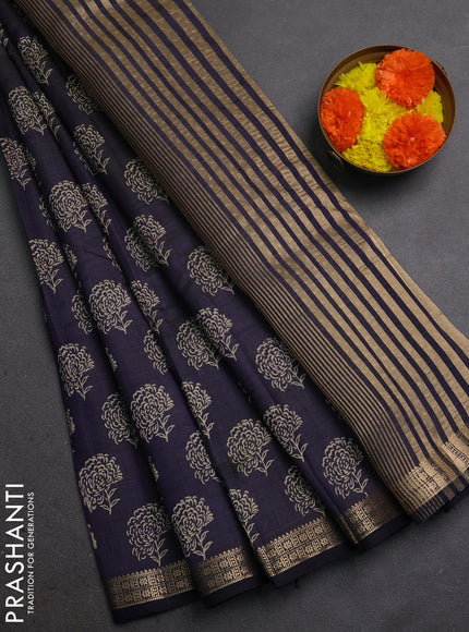 Semi Raw Silk Saree navy blue with allover floral butta prints and zari woven border