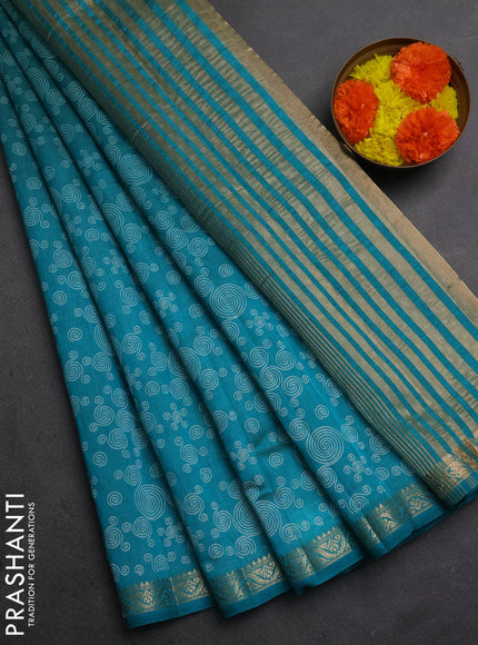 Semi Raw Silk Saree teal green with allover geometric butta prints and zari woven border