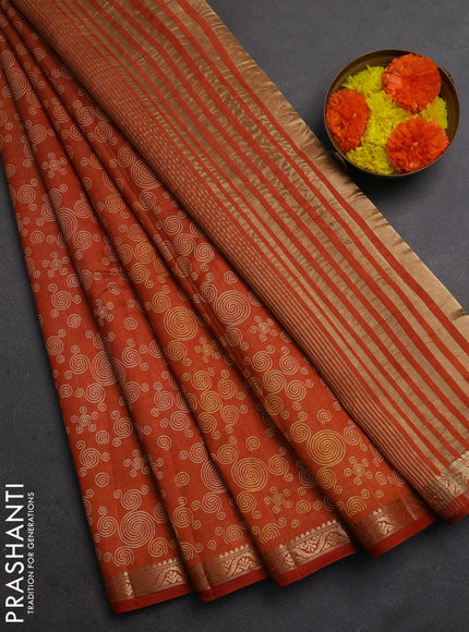 Semi Raw Silk Saree rustic orange with allover geometric butta prints and zari woven border