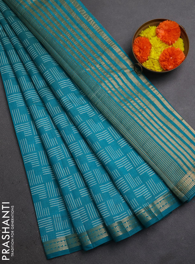 Semi Raw Silk Saree teal green with allover geometric prints and zari woven border