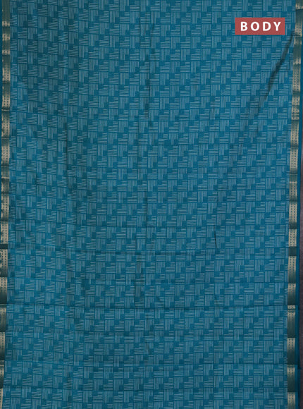 Semi Raw Silk Saree teal green with allover geometric prints and zari woven border