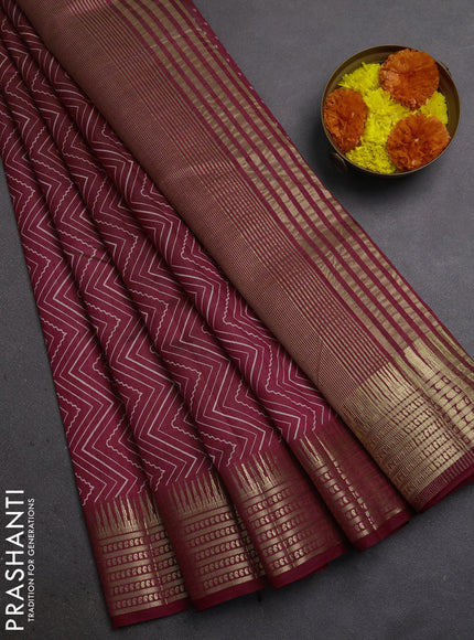 Semi Raw Silk Saree maroon with allover zig zag prints and zari woven border