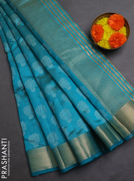 Semi Raw Silk Saree teal green with allover butta prints and zari woven border