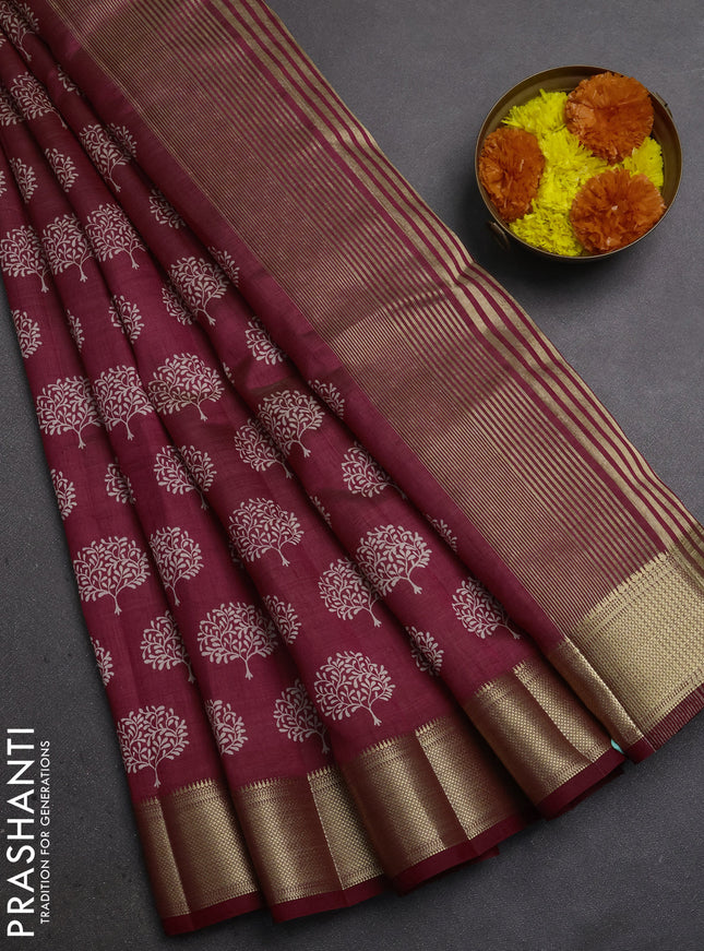 Semi Raw Silk Saree maroon with allover butta prints and zari woven border