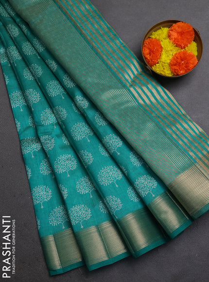 Semi Raw Silk Saree teal blue with allover butta prints and zari woven border