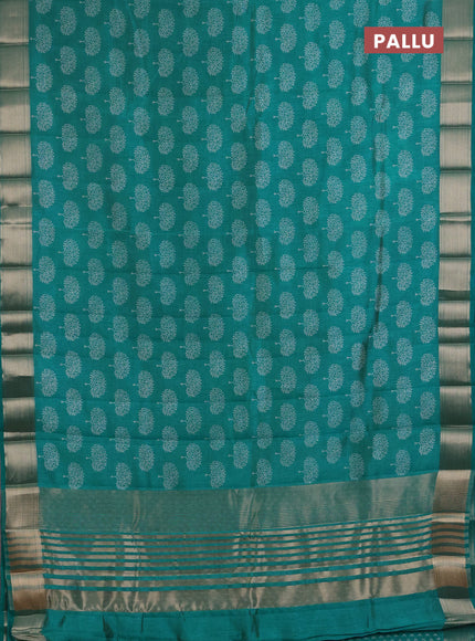 Semi Raw Silk Saree teal blue with allover butta prints and zari woven border