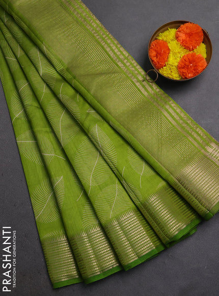 Semi Raw Silk Saree light green with allover leaf butta prints and zari woven border