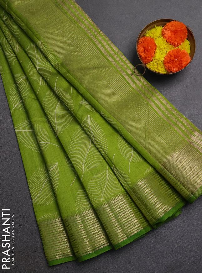 Semi Raw Silk Saree light green with allover leaf butta prints and zari woven border