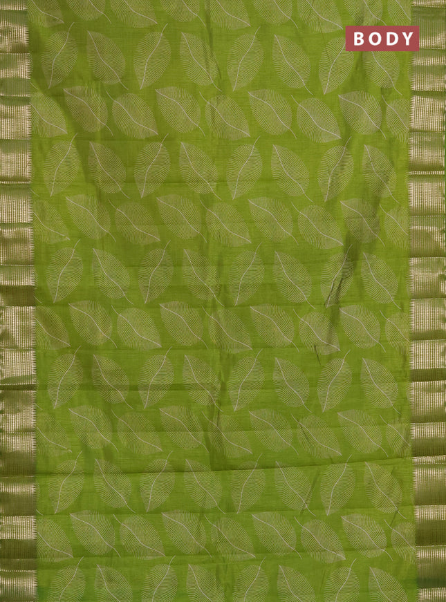 Semi Raw Silk Saree light green with allover leaf butta prints and zari woven border