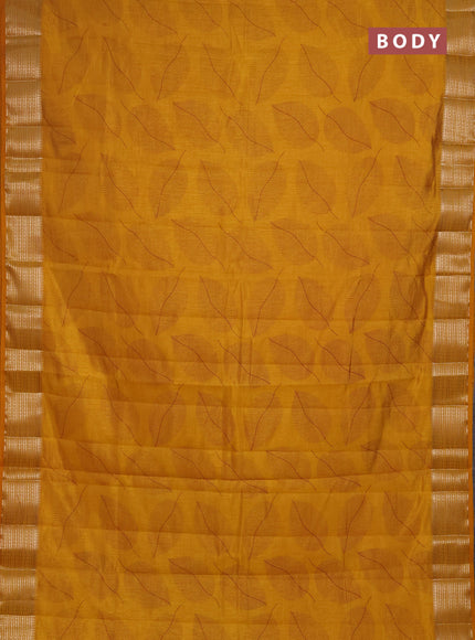 Semi Raw Silk Saree dark mustard with allover leaf butta prints and zari woven border