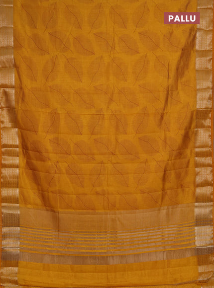 Semi Raw Silk Saree dark mustard with allover leaf butta prints and zari woven border