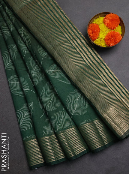 Semi Raw Silk Saree bottle green with allover leaf butta prints and zari woven border