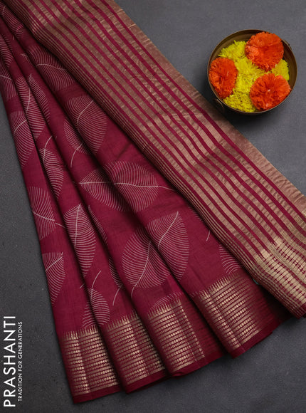 Semi Raw Silk Saree wine shade with allover leaf butta prints and zari woven border