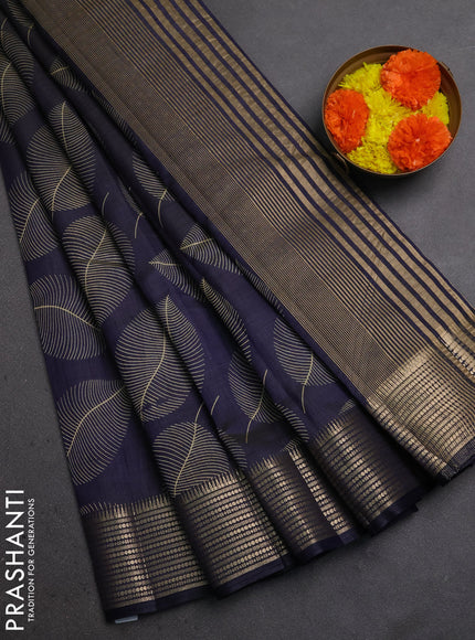 Semi Raw Silk Saree navy blue with allover leaf butta prints and zari woven border