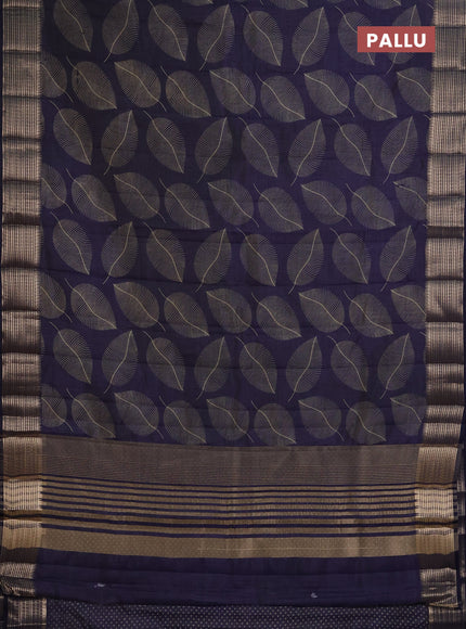Semi Raw Silk Saree navy blue with allover leaf butta prints and zari woven border
