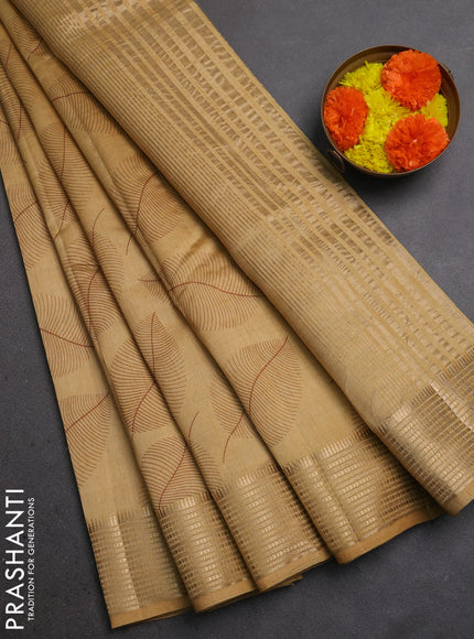 Semi Raw Silk Saree sandal with allover leaf butta prints and zari woven border