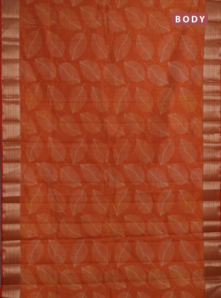 Semi Raw Silk Saree rustic orange with allover leaf butta prints and zari woven border