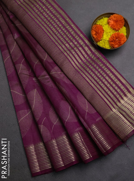 Semi Raw Silk Saree purple with allover leaf butta prints and zari woven border