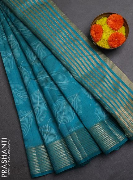Semi Raw Silk Saree teal blue with allover leaf butta prints and zari woven border