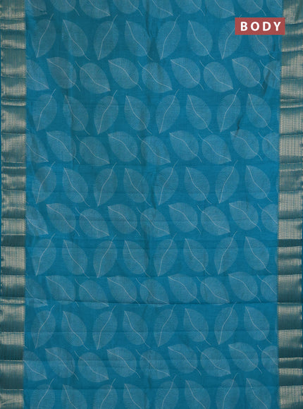 Semi Raw Silk Saree teal blue with allover leaf butta prints and zari woven border