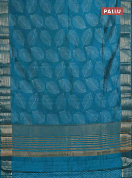 Semi Raw Silk Saree teal blue with allover leaf butta prints and zari woven border
