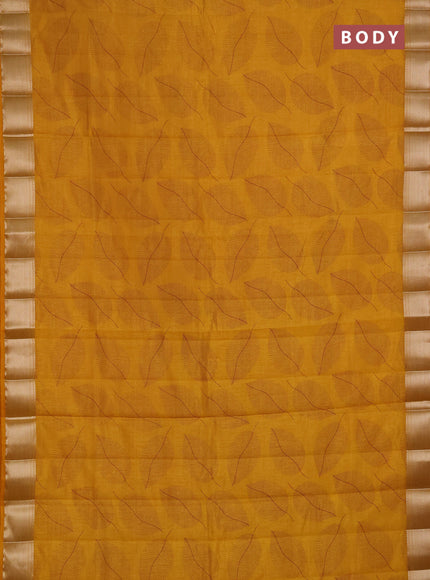 Semi Raw Silk Saree dark mustard with allover leaf butta prints and zari woven border