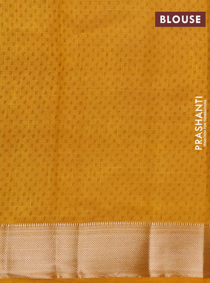 Semi Raw Silk Saree dark mustard with allover leaf butta prints and zari woven border