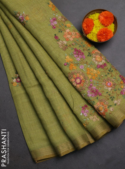 Linen Cotton Saree light green with embroidery buttas and embroidery pallu